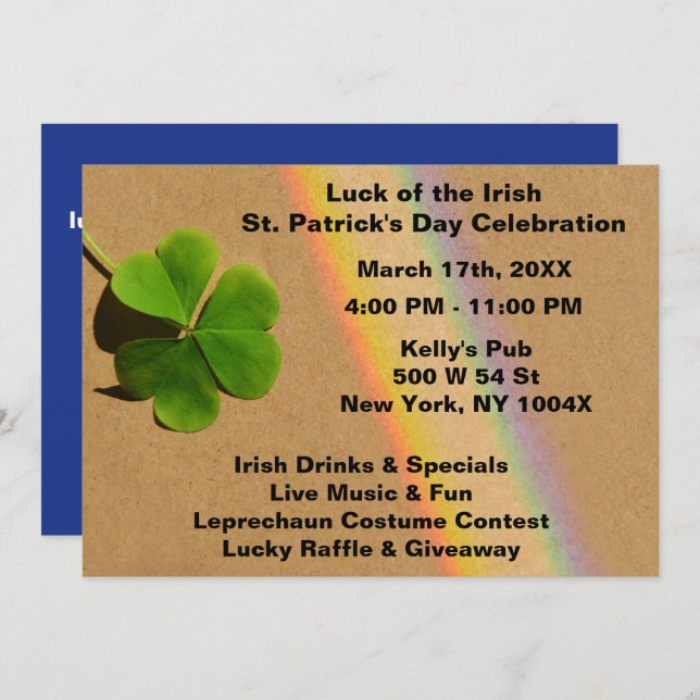 Invitación Blue arcoiris y Green Clover Bebe Irlandés (Anverso / Reverso)