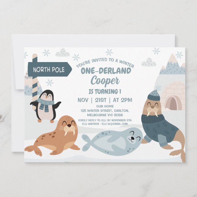 Invitación Blue Arctic Animals Invierno Terranova Primer cump (Anverso)