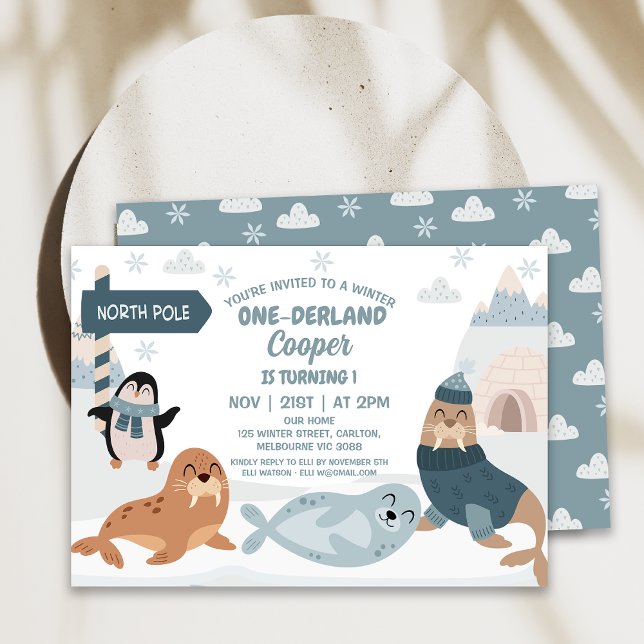 Invitación Blue Arctic Animals Invierno Terranova Primer cump (Modern Arctic Animals Winter Onederland Birthday Invitation, Winter 1st Birthday Invitation Boy)