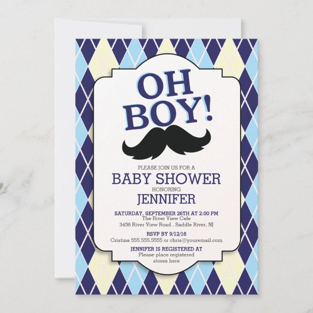 Invitación Blue Argyle OH BOY Mustache Baby Shower (Anverso)