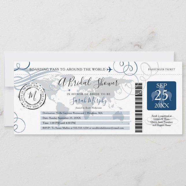 Invitación Blue Around the World Bridal Shower Boarding Pass (Anverso)