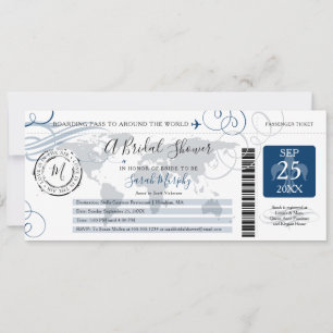 Invitación Blue Around the World Bridal Shower Boarding Pass