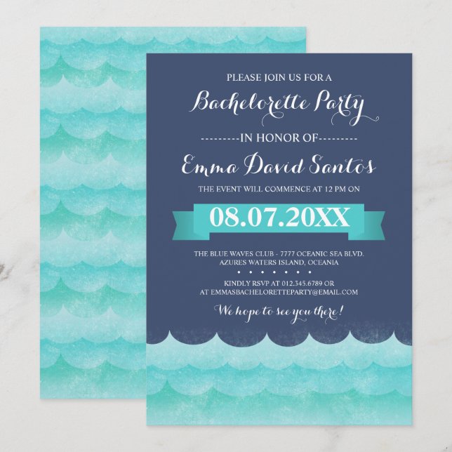 Invitación Blue At Sea Bachelorette Party (Anverso / Reverso)