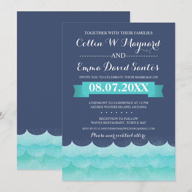 Invitación "Blue at Sea Nautical Wedding" (El azul en el mar  (Anverso / Reverso)