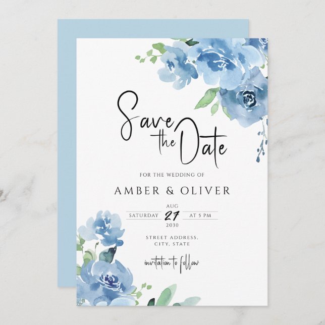Invitación Blue Baby Blue Floral Leaves Blue Light Save the D (Anverso / Reverso)
