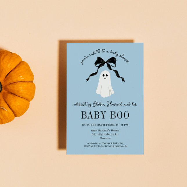 Invitación Blue Baby Boo Ghost Halloween Baby Shower (baby blue halloween baby shower invitation welcomes the little boo that's almost due with a ghost)