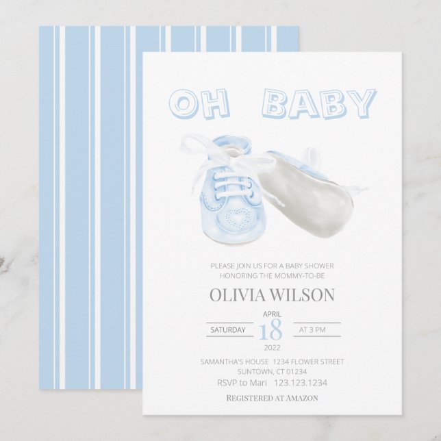Invitación Blue Baby Bootie Watercolor Baby Shower (Anverso / Reverso)
