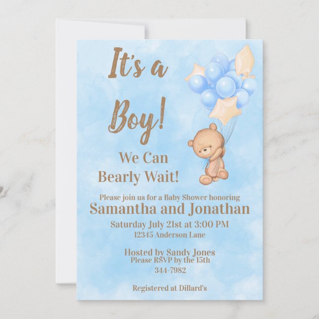 Invitación Blue Baby Boy Bearly Wait Teddy Bear Baby Shower (Anverso)