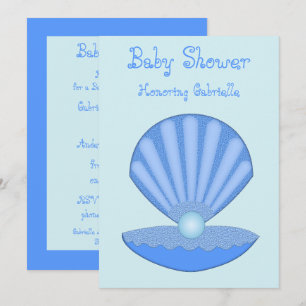 Invitación Blue Baby Boy Oyster shell y Pearl Baby Shower