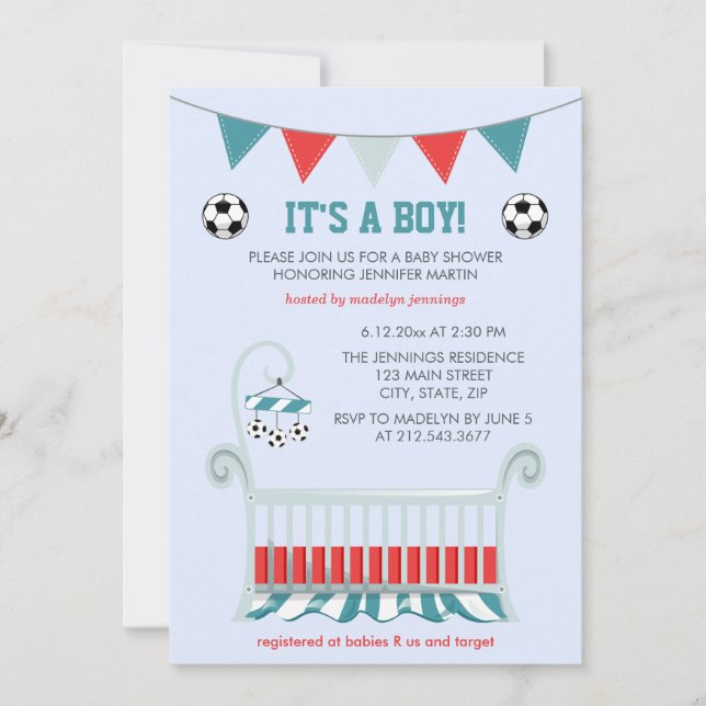Invitación Blue Baby Boy Soccer Baby Shower (Anverso)