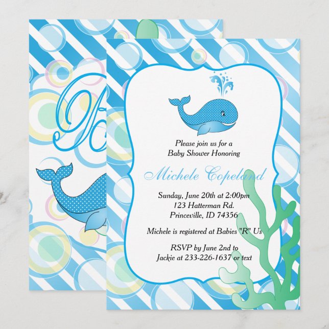 Invitación Blue Baby Boy Whale Baby Shower (Anverso / Reverso)