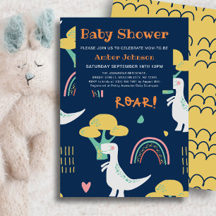 Invitación Blue Baby Dinosaur Rainbow Cum Baby Shower