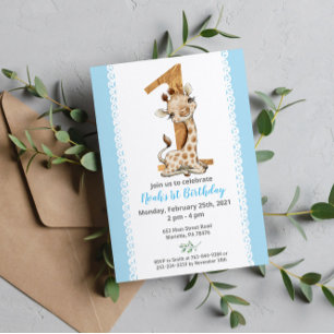 Invitación Blue Baby Giraffe Primer cumpleaños