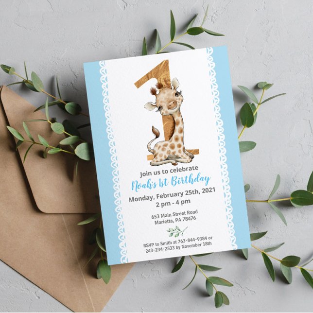 Invitación Blue Baby Giraffe Primer cumpleaños (Subido por el creador)