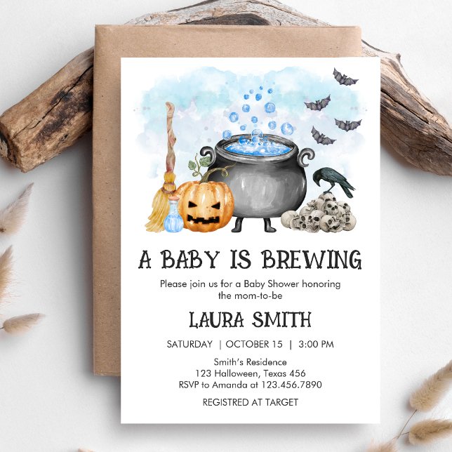 Invitación Blue Baby is Brewing Halloween Baby Shower (Blue Baby is Brewing Halloween Baby Shower Invitation)