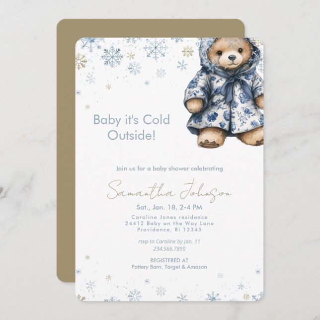 Invitación Blue Baby It's Cold Outside Teddy Bear (Anverso / Reverso)