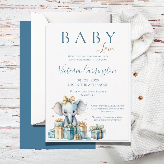 Invitación Blue Baby Love Elephant Watercolor Baby Shower (Subido por el creador)