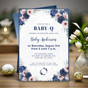 Invitación Blue Baby-Q Rosa Floral Pastel BBQ Baby Shower