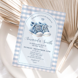 Invitación Blue Baby Shoes Boy Booties Plaid Arch Baby Shower