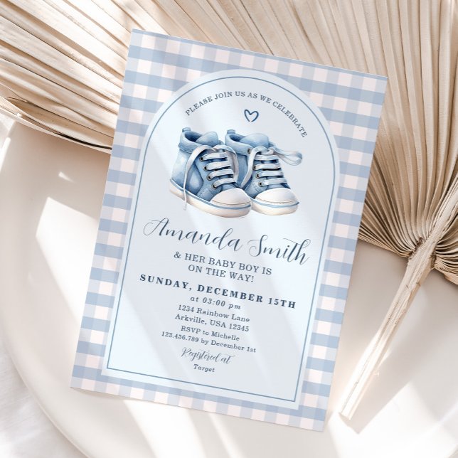 Invitación Blue Baby Shoes Boy Booties Plaid Arch Baby Shower (Subido por el creador)