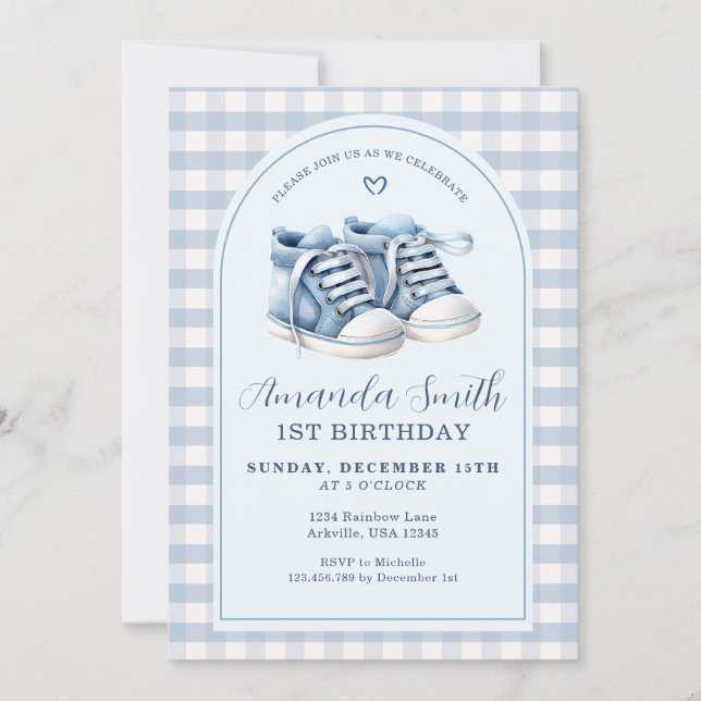Invitación Blue Baby Shoes Boy Plaid Arch Primer Cumpleaños (Anverso)