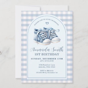 Invitación Blue Baby Shoes Boy Plaid Arch Primer Cumpleaños