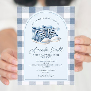 Invitación Blue Baby Shoes Gingham Boy Booties Baby Shower
