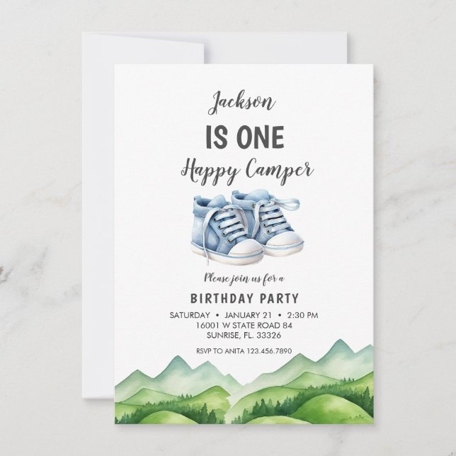Invitación Blue Baby Shoes Little Camper Cumpleaños (Anverso)