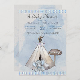 Invitación Blue Baby Shower Boho Baby Elephant y Tipi