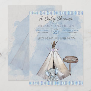Invitación Blue Baby Shower Boho Baby Elephant y Tipi