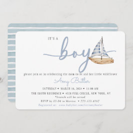 Invitación Blue Baby Shower Invitation with Sailboat & Stripe
