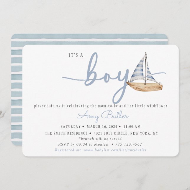 Invitación Blue Baby Shower Invitation with Sailboat & Stripe (Anverso / Reverso)