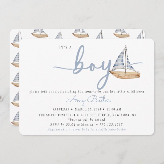 Invitación Blue Baby Shower Invitation with Sailboats (Anverso / Reverso)