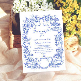 Invitación blue baby shower tea bow Hand Drawn coquette