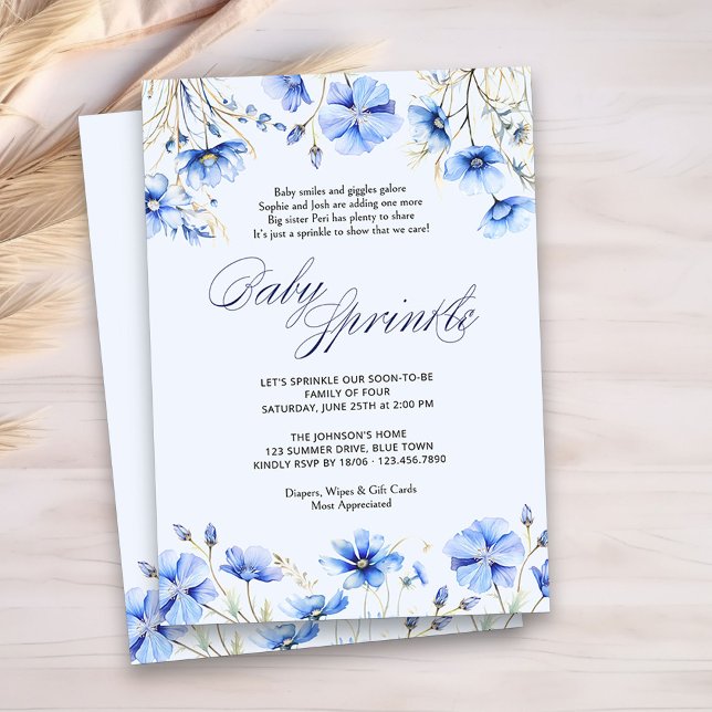 Invitación Blue Baby Sprinkle Poem Floral Baby Shower (Blue Floral Baby Sprinkle Invitation)