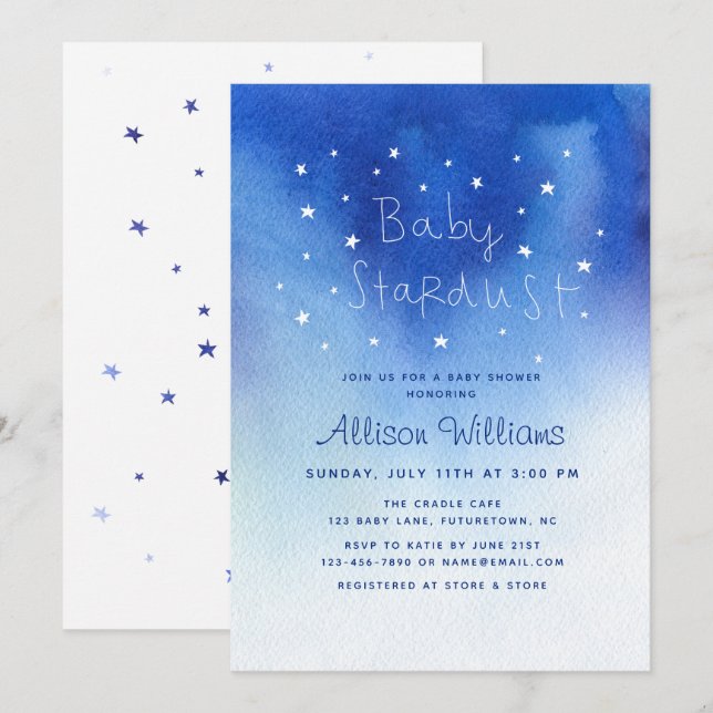Invitación Blue Baby Stardust Sky Star Watercolor Baby Shower (Anverso / Reverso)