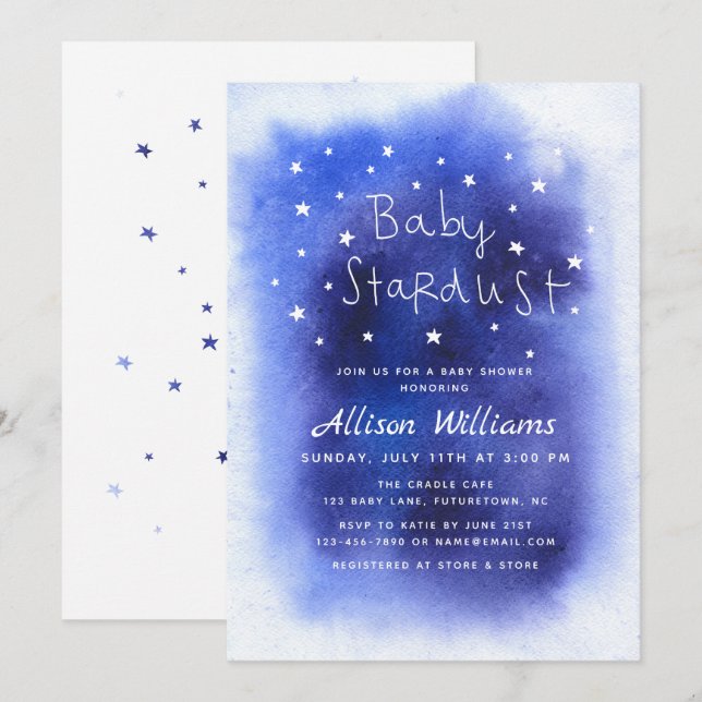 Invitación Blue Baby Stardust Watercolor Baby Shower (Anverso / Reverso)