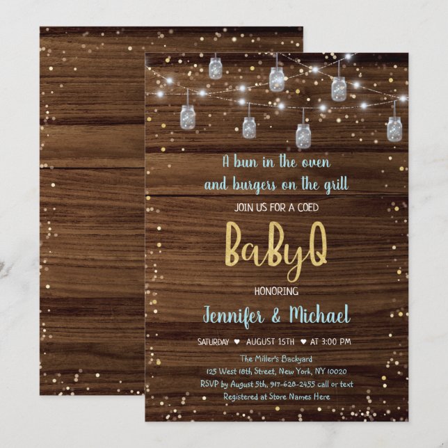 Invitación Blue BabyQ Rustic String Lights BQ Baby Shower (Anverso / Reverso)