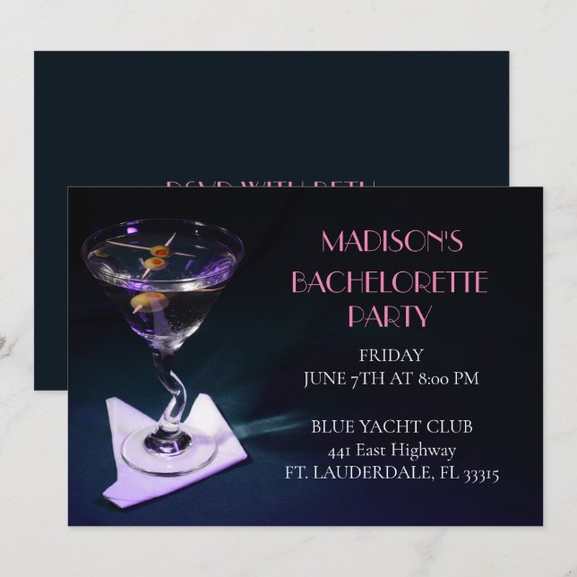 Invitación Blue Bachelorette Martini Bridal Party (Anverso / Reverso)