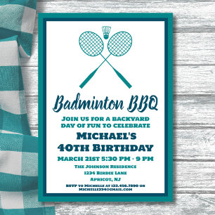 Invitación Blue Badminton BBQ Fiesta Deportes Cumpleaños