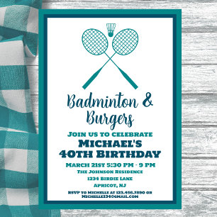 Invitación Blue Badminton Fiesta Sports BBBQ Cumpleaños
