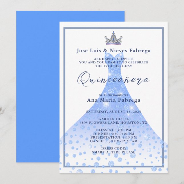 Invitación Blue Ball Gown y Tiara Quinceañera Cumpleaños (Anverso / Reverso)