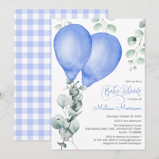Invitación Blue Balloon Baby Boy Shower (Anverso / Reverso)