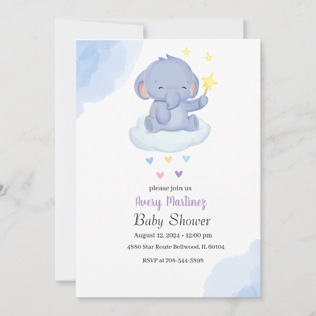 Invitación Blue Balloon Cute Elephant Baby Shower (Anverso)