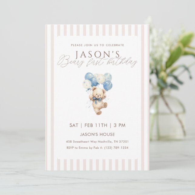Invitación Blue Balloons Teddy Bear 1st Birthday (Anverso de pie)