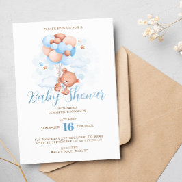 Invitación Blue Balloons Teddy Bear Baby Shower