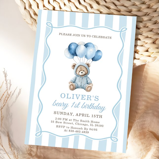 Invitación Blue Balloons Teddy Bear Birthday Invitation  (Subido por el creador)