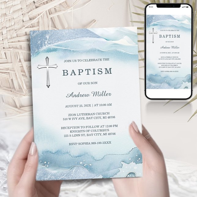 Invitación Blue Baptism Invitation with Cross | Printable (Subido por el creador)