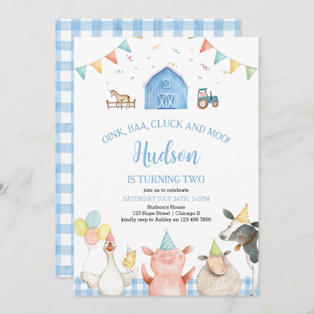 Invitación Blue Barn Farm Animals Barnyard Boy 2º cumpleaños (Anverso / Reverso)