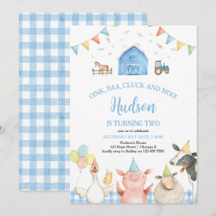Invitación Blue Barn Farm Animals Barnyard Boy 2º cumpleaños